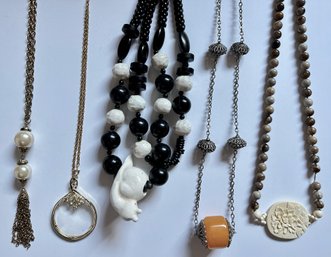 5 Vintage Necklaces: Ceramic Snail Pendant, Magnifying Glass, Carved Stone, Bakelite Bead & More
