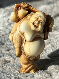 Antique Ca. 1900 JAPANESE Meiji Period TRAVELING HOTEI NETSUKE- Artist Signed