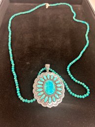 Sterling And Turquoise Pendant With Beaded Chain Signed