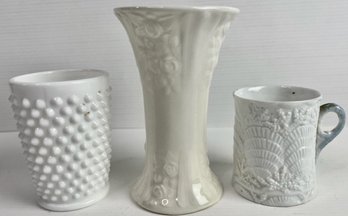 Milk Glass Hobnail Vase, Czech Vase And White Glazed Porcelain Mug (3)