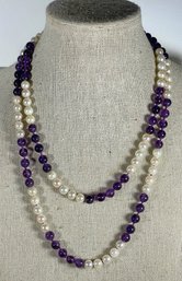 Genuine Cultured Pearl And Amethyst Beaded Necklace 32' Long.