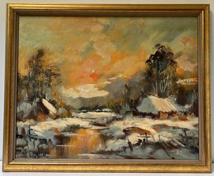 Vintage Framed Oil On Canvas Painting - Winter Stream - J Lanting - 16 X 20 - Landscape In Orange White Grey