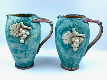 Pair Of Numbered & Signed Italian Handcrafted Pitchers W/ Grapes Motif