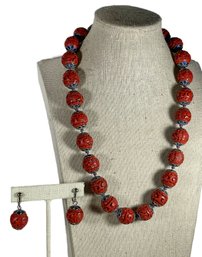 Vintage Chinese Cinnabar Beaded Necklace And Earrings W Enamel