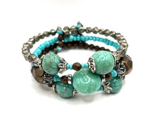 Vintage Three Layer Turquoise Blue And Brown Beaded Wire Bracelet