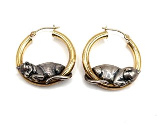 Vintage 14K Gold And Sterling Silver Two Toned Cat Hoop Earrings