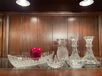 Collection Of Waterford Crystal, Candle Holders, Vase, Serving Boat, Bowl And More.
