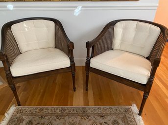 Pair Of Lovely Ethan Allen Side Chairs Upholstered With Rattan Sides