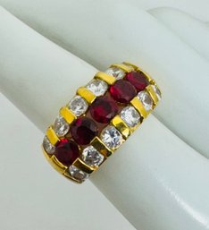 PRETTY GOLD OVER STERLING SILVER RUBY AND WHITE STONE WIDE BAND RING