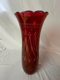 Vintage Red Etched Glass Vase