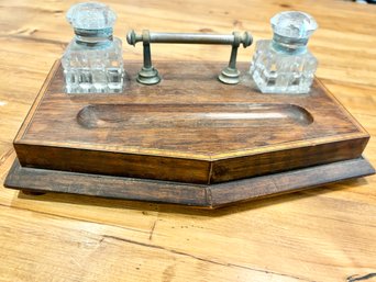 Antique Oak Double Inkwell Writing Desktop Caddy With Brass Handle