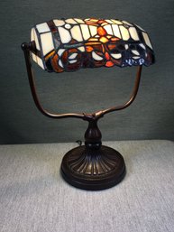 Very Nice Tiffany Studios Style Desk Lamp - All Hand Leaded Glass Shade With Bronze Finish Base - Nice !