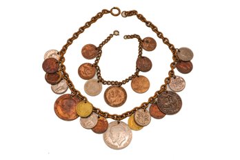 Vintage Coin Charm Chain And Bracelet - Multiple International Coins Mixed Medals