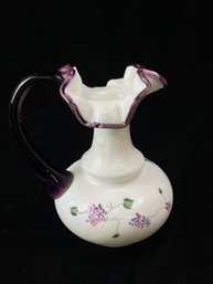 FENTON WHITE MILK GLASS PLUM RUFFLED CREST PITCHER HAND PAINTED LILACS