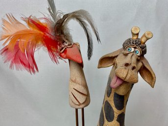 Pottery Giraffe With Feathered Bird Candle Lantern
