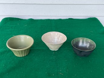 3 Piece Lot Of Pottery Bowls, Signed