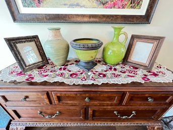 2 Green Vases, 1 Green Planter,  And Photo Frames, Table Runner, Decor Lot