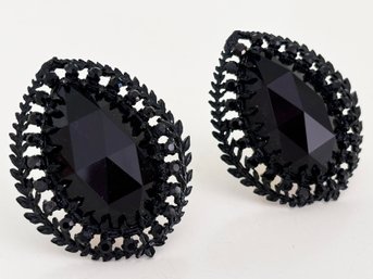 A Pair Of Black Garnet Clip Earrings In 10K Gold Setting