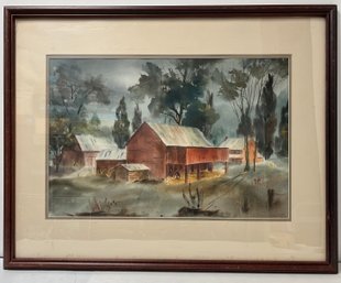 Vintage Large Framed Watercolor Painting - Farm Red Barn House Farmyard Farmer Scene - 23.5 X 29.5