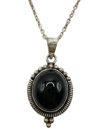 Vintage Italian Sterling Silver Chain Necklace With Onyx Stone Pendant