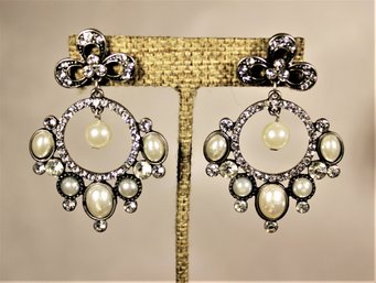 Costume Faux Pearl Silver Tone Rhinestone Pierced Earrings