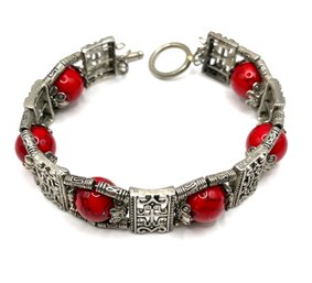 Vintage Red Beaded And Silver Tone Ornate Bracelet