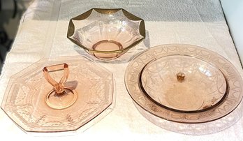 Three Pieces Of Pink Depression Glass-Three Footed Bowl, Handled Sandwich Tray And Gold Rimmed Bowl