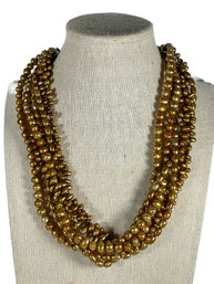 Fine Sterling Silver Genuine Amber & Genuine Pearl Multi Strand Necklace