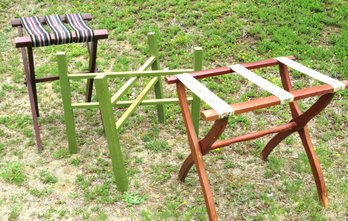 Trio Of Vintage Luggage Racks And Green Wood Base For Table