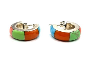 Beautiful Vintage Multicolor Stone Inlay Hoop Earrings