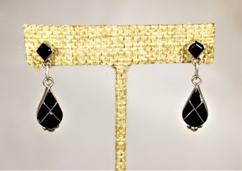 Mexican Sterling Silver Black Onyx Pierced Earrings