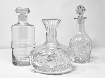 Antique Cut Crystal Open Carafe And Two Decanters