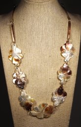 Fine Hand Carved Mother Of Pearl Abalone Shell Necklace W Flower Links