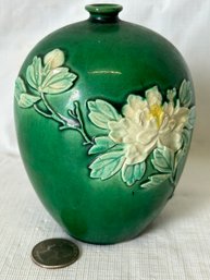 Early Japanese Pottery Jar- High Relief Floral Surround With Green Glaze