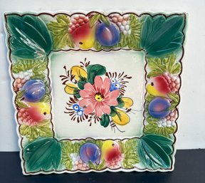 Pretty Floral Square Hand-painted Plate Made In Italy