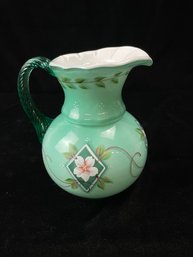 Fenton Diamond Jubilee 75th Anniversary Hand Painted Floral Glass Pitcher