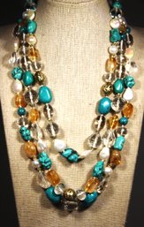 Fantastic Cultured Pearl, Turquoise, Citrine And Crystal Multi Strand Beaded Necklace Sterling Silver