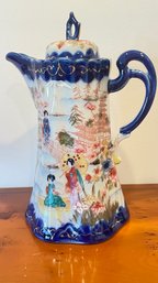 Antique Japanese Kutani Coffee / Chocolate Pot Porcelain Blue Gold Gilt Geisha