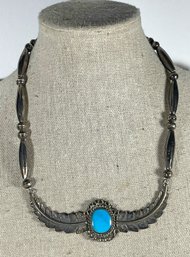 Southwestern Sterling Silver Turquoise Feather Link Necklace Natigve American Indian Signed NJ Navajo