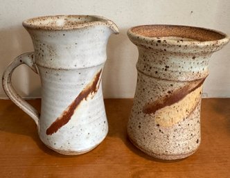 Pretty Pottery Creamer And Sugar Signed