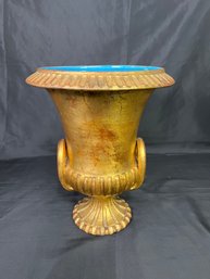 Vintage Italian Gilt-Gold Pottery Ceramic Two Handled Urn With Glazed Interior - 11.5' Tall