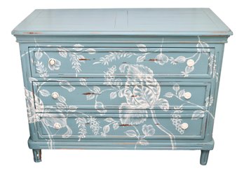 Blue Distressed 3-Drawer Dresser  With Stunning Hand Painted Floral Work In The Front Face