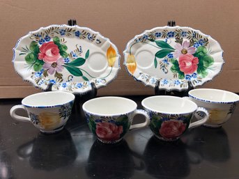2 - Italy Italian Hand Painted Snack Plate And Tea Cup Vintage W/2 Additional Cups
