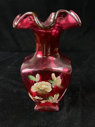 Fenton Hand Painted Cased Cranberry Square Glass Vase