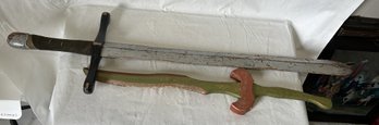 Pair Of Vintage Carved Wood Theater Prop Swords- A Two-handed Sword And Keris Style