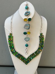 Iridescent Green Dichronic Glass Sterling Necklace And  Agate, Emerald And Citrine Glass Bracelet Jewelry Set