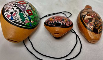 Three Painted Peruvian Pottery Whistles (3)