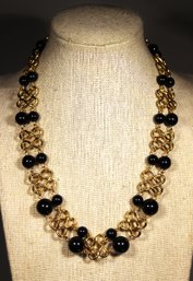 Vintage Gold Tone Black Beaded Necklace Collar Choker 16'