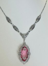 GORGEOUS ART DECO SILVER TONE FILIGREE PINK STONE NECKLACE