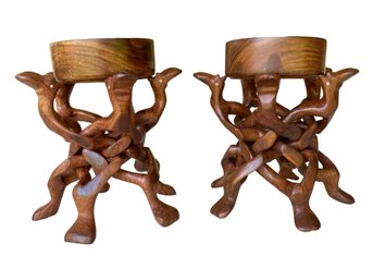 Pair Of Hand Carved Pedestal Table Stands & Bowls From Pakistan